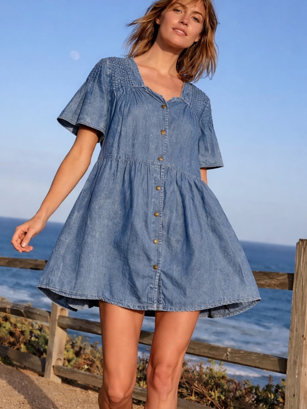 Denim Babydoll Dress Pleated Yoke Button Front Blue Size XL Cotton - Picture 13 of 13